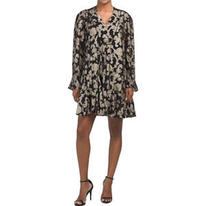 Anthropologie Gold Floral Metallic Long Sleeve Shift Dress Small Disco Holiday